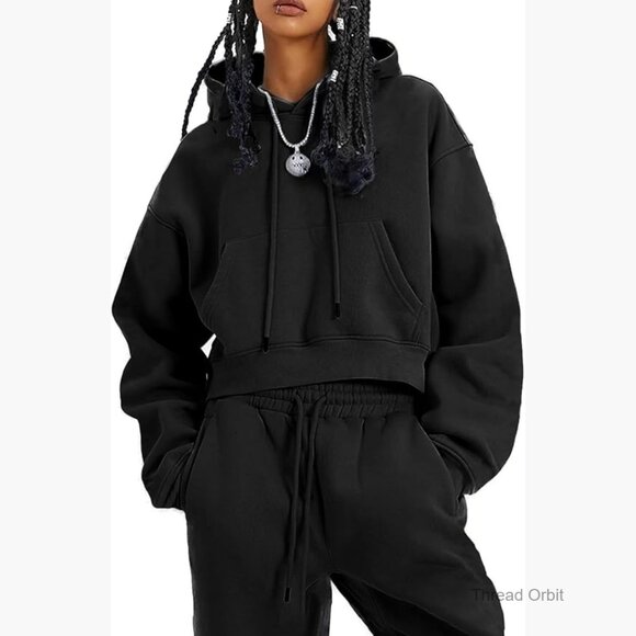 Fleece Sweatsuit Set Crop Hoodie Joggers Women's Medium Relaxed Fit